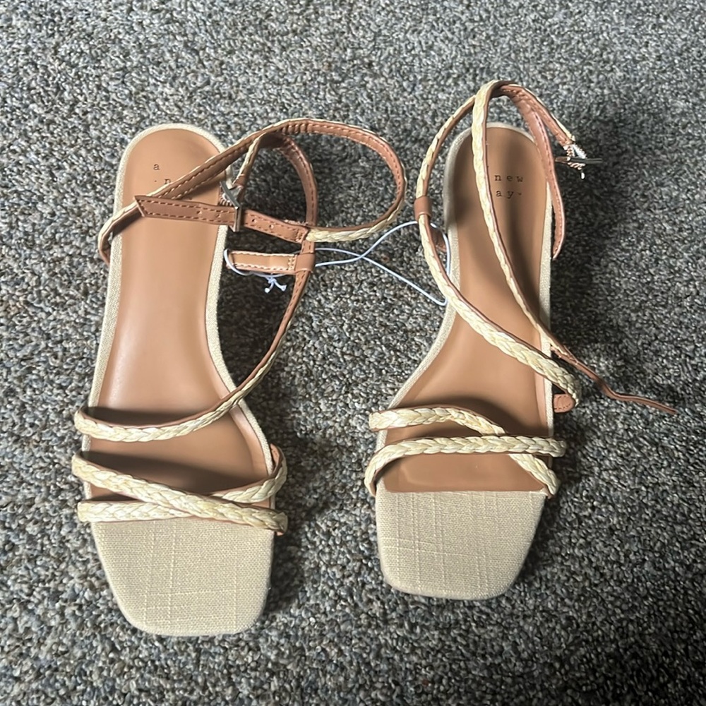 Tan and Cream Strappy Sandals with Low Heel and Braided Straps